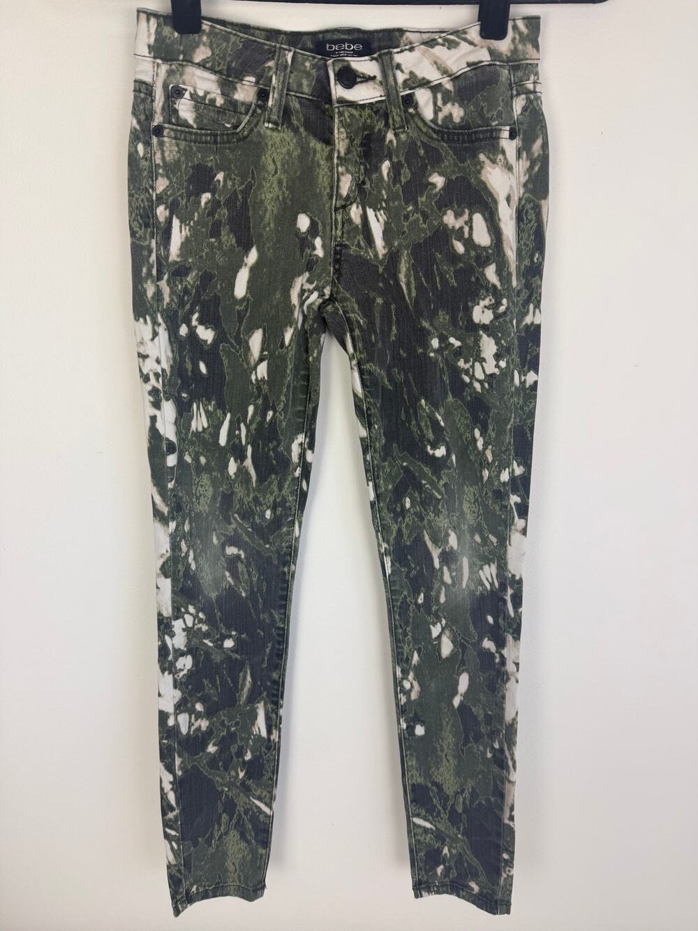 Bebe Womens Abstract Camo Splatter Mid Rise Pattern Green/White Skinny Pants 26